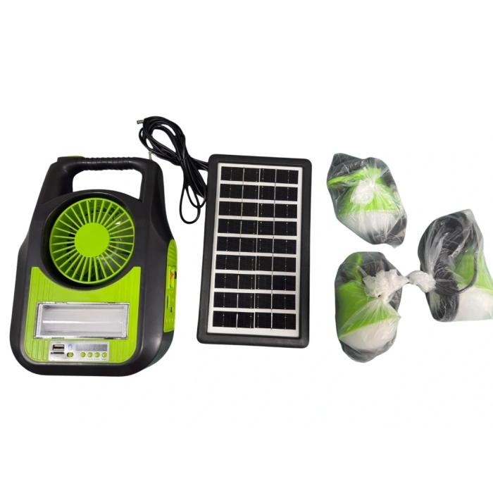 GOLD SILVER Solar Şarjlı 6v 4.5Ah Ledli El Feneri Lamba Seti Güneş Enerji Panelli Fanlı 3 Ampullü Radyo + Bluetooth + USB + Mp3 + Vantilatör