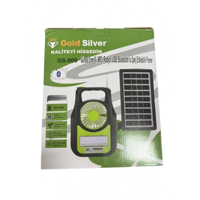 GOLD SILVER Solar Şarjlı 6v 4.5Ah Ledli El Feneri Lamba Seti Güneş Enerji Panelli Fanlı 3 Ampullü Radyo + Bluetooth + USB + Mp3 + Vantilatör