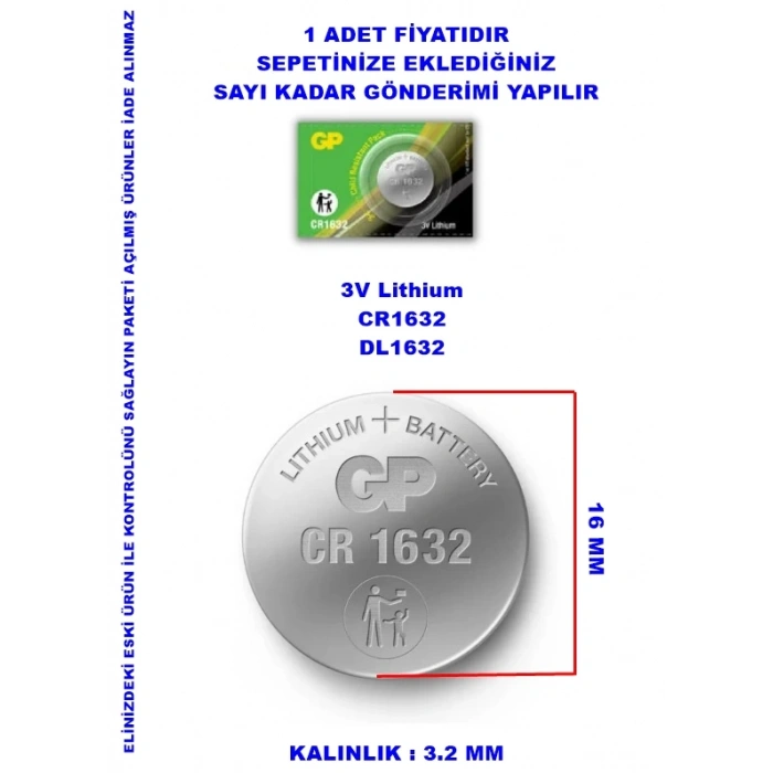 GP CR-1632 3V Araç Kumanda Pili (Para Pil) 1 Adet