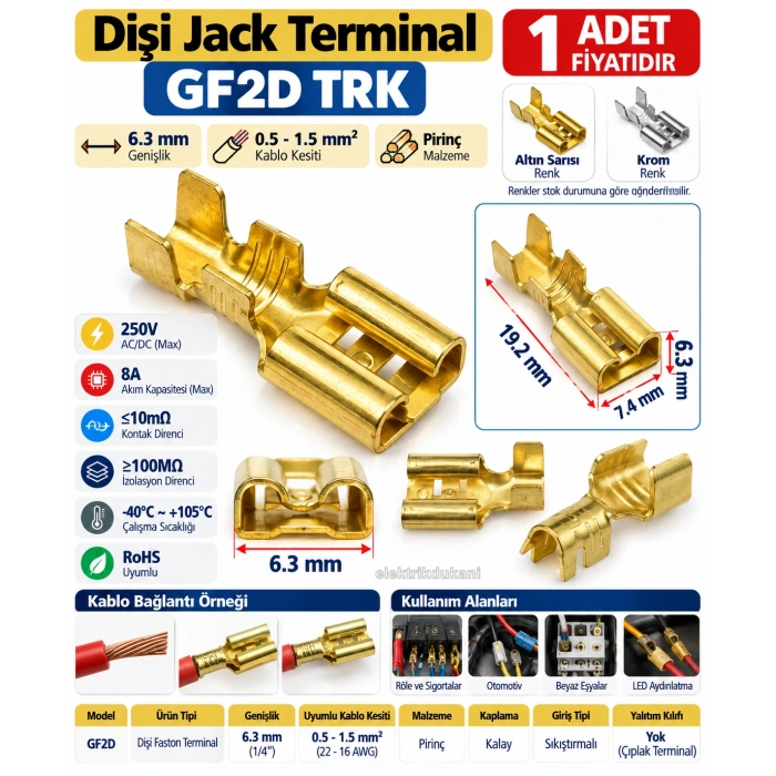 GWEST 6.3mm Sarı Orta Geçmeli Dişi Jak Terminal Faston