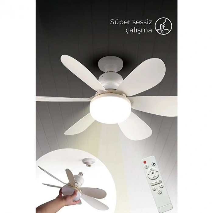 HELIOS Tavan Vantilatörü 36w Beyaz / Günışığı Ledli E-27 Duy a Takılabilen 5 Kanatlı Kumandalı Vantilatör 80-265v