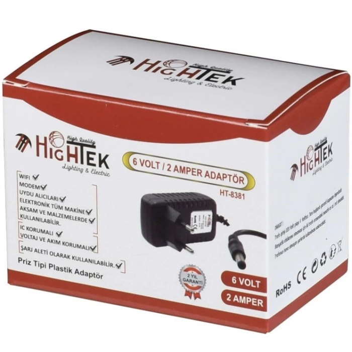 HİGHTEK 6V 2A Plastik Kasa Fişli Adaptör Akü Şarj Aleti 5.5x2.5mm Jaklı 2000mA (6Volt 2Amper)