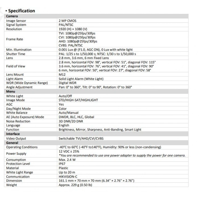 HIKVISION 2.8mm 2MP HD Gece Görüşlü Renkli Colorvu Bullet Kamera (İç ve Dış Mekana Uyumlu Geniş Açı) IP67 1080P