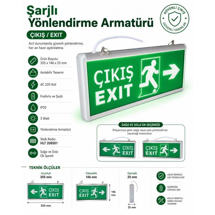 HLİTE Exıt Çıkış Sağa - Sola Ok İşaretli Şarjlı Yönlendirme Armatürü Levhası 3w 220v IP20