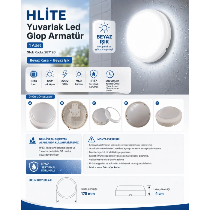 HLİTE YUVARLAK LED GLOP ARMATÜR 12 WATT