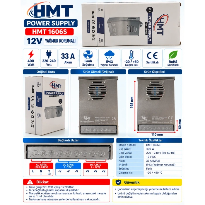 HMT 12v Dc  33.3A 400w Yağmur Korumalı Epoksi li Fanlı Led Trafosu 12 Volt 33.3 Amper IP43 (Tam Değer Güç Şerit Led Tabela ve Kamera vs)