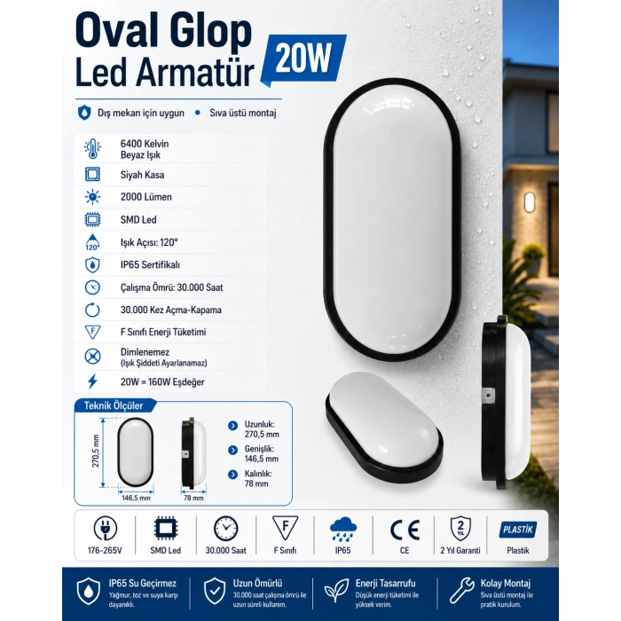 HOROZ Aydos 20w SİYAH Oval Glop Led Armatür 6400k IP65
