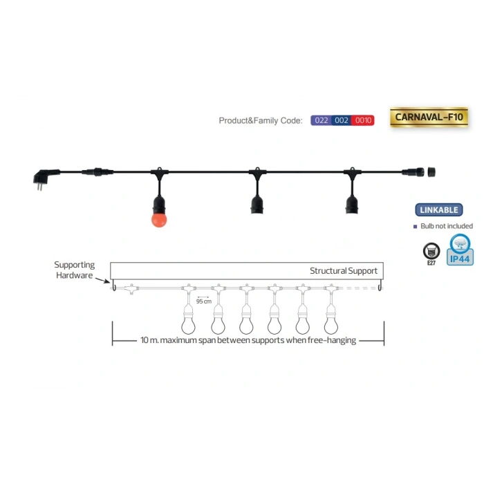 HOROZ CARNAVAL-F10 10mt 2x0.95 Kablolu 10 Adet E-27 Duylu Dış Mekan Sarmaşık 10lu 10 Metrelik Fişli Eklenebilir Set