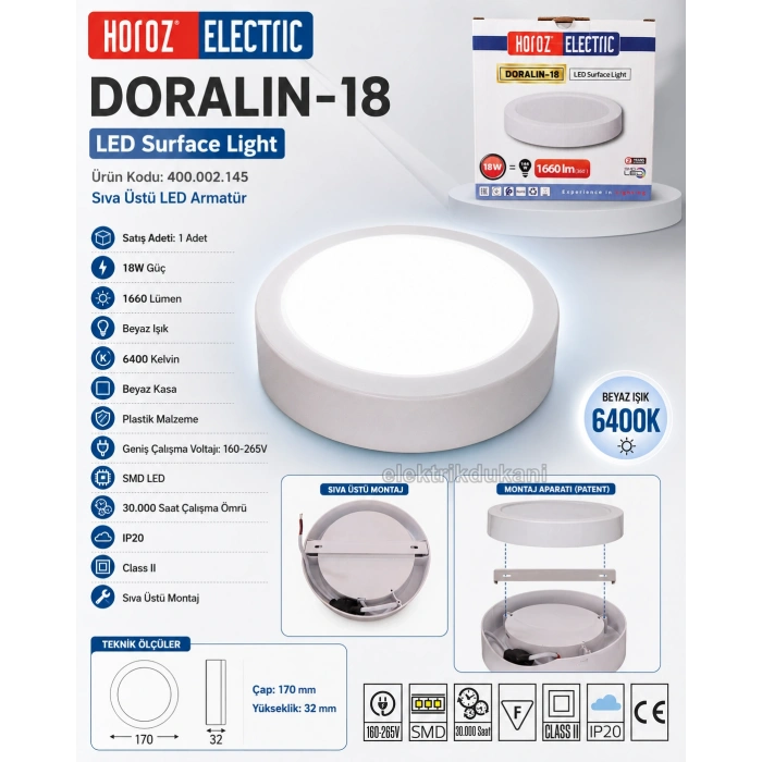 HOROZ Doralin-18 18w Yuvarlak BEYAZ 6400k Sıva Üstü Led Panel Spot Armatür Beyaz Plastik Kasa IP20 18 Watt 220 Volt