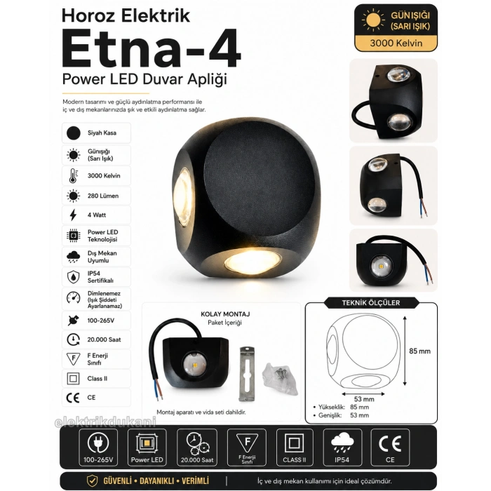 HOROZ Etna-4 4w Sarı Işık 3000k Star (Yıldız) Efektli Duvar Aplik Siyah Kasa 280lm 4 Watt 220 Volt IP54 (Günışığı)