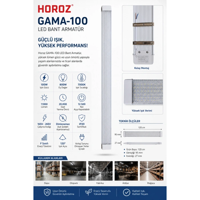 HOROZ Gama-100 BEYAZ 120cm 100w Prizma Led Bant Armatür 7000k Beyaz Işık IP20