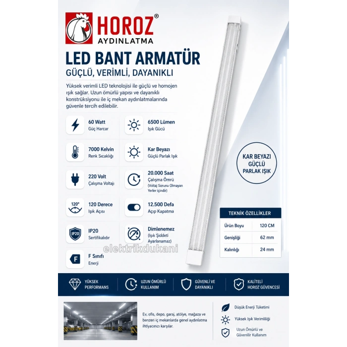 HOROZ Gama-60 BEYAZ 120cm 60W Prizma Led Bant Armatür 7000k Beyaz Işık IP20