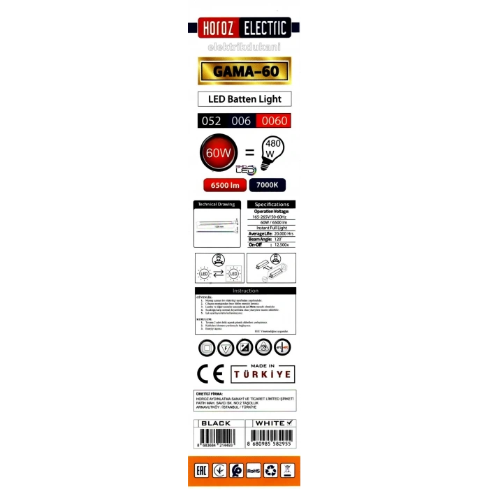 HOROZ Gama-60 BEYAZ 120cm 60W Prizma Led Bant Armatür 7000k Beyaz Işık IP20