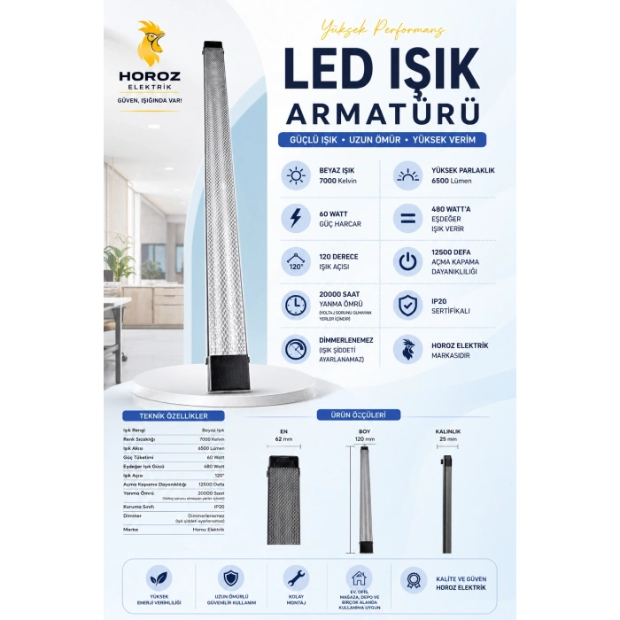 HOROZ Gama-60 SİYAH 120cm 60w Prizma Led Bant Armatür 7000k Beyaz Işık IP20