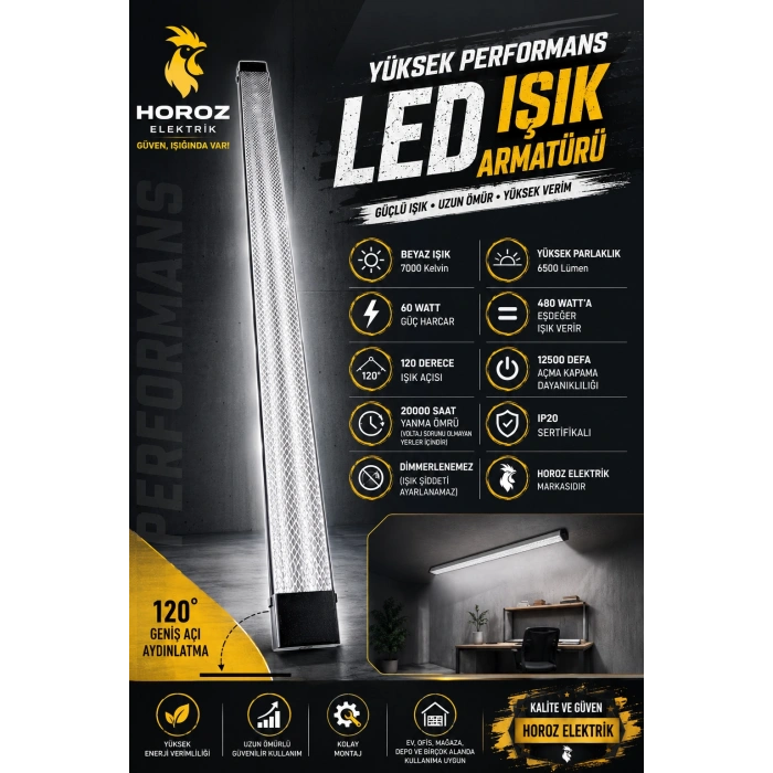 HOROZ Gama-60 SİYAH 120cm 60w Prizma Led Bant Armatür 7000k Beyaz Işık IP20