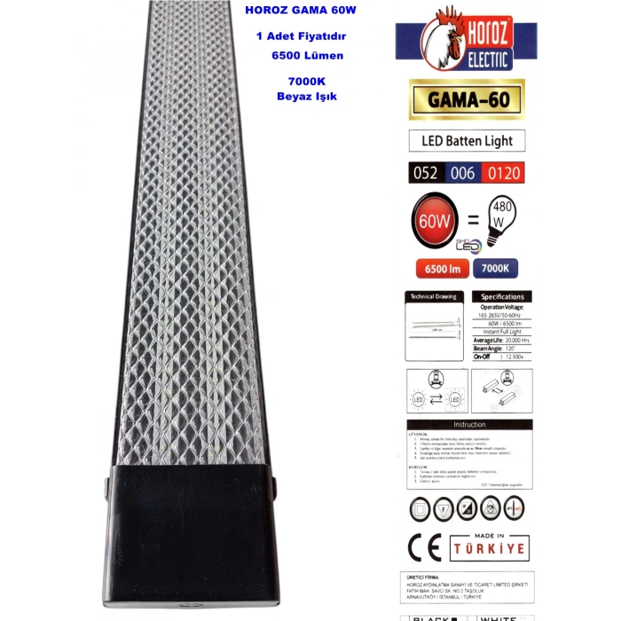 HOROZ Gama SİYAH 120cm 60w Prizma Led Bant Armatür 7000k IP20 Beyaz Işık