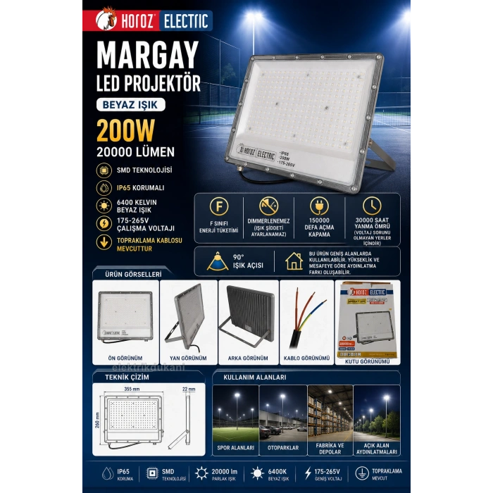 HOROZ Margay-200 200w BEYAZ Led Projektör SMD 6400k IP65 20.000lm (200 Watt 220 Volt)