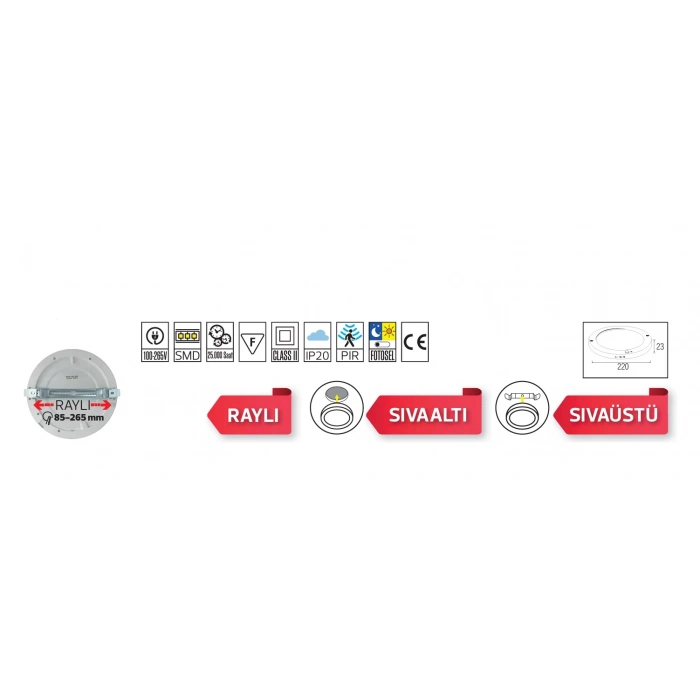 HOROZ Martha 18w Yuvarlak Hareket Sensörlü Fotoselli Led Spot BEYAZ 6400K Beyaz Sıva Üstü ve Sıva Altı  Kullanım