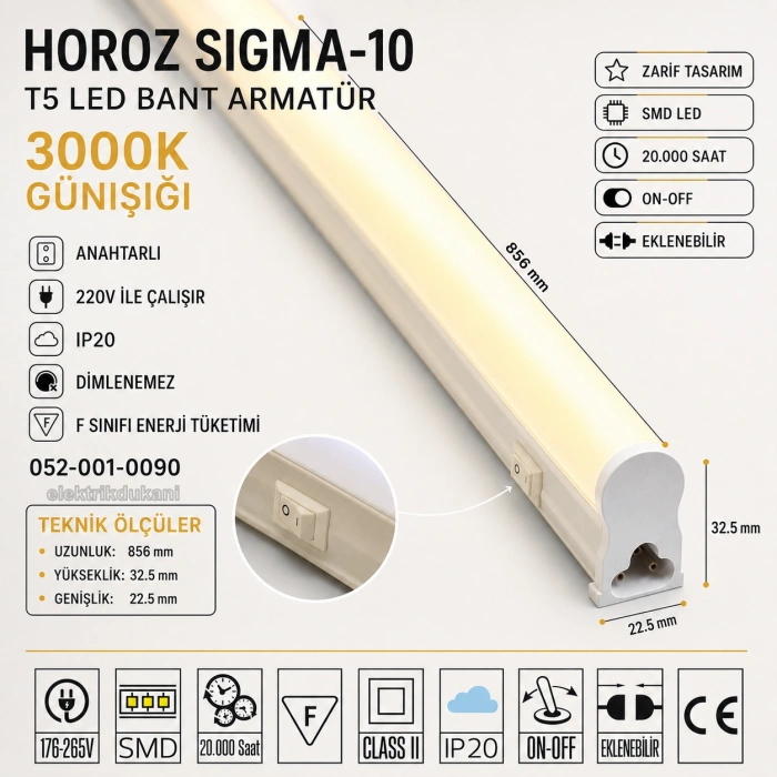 HOROZ Sigma-10 90cm GÜNIŞIĞI 10w T5 Led Bant Armatür Anahtarlı 2700k IP20