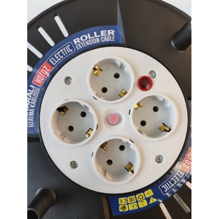 HOROZ Spin-1 Plastik Boş Kablo Makarası 25mt Kapasiteli IP20 Monofaze 4 Prizli Termik Korumalı