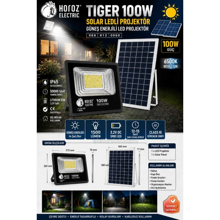 HOROZ Tiger 100W Solar Ledli Projektör 6400K Beyaz Işık