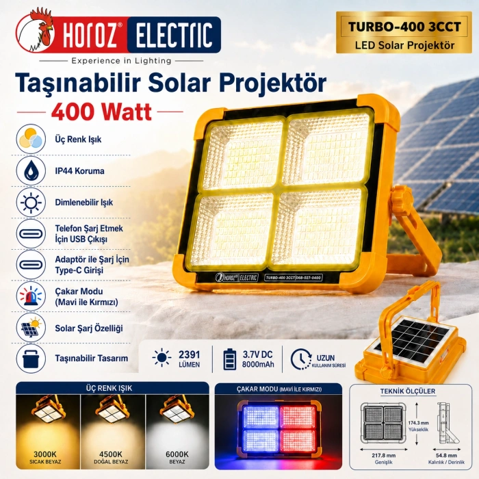 HOROZ Turbo-400 3CCT 400w Taşınabilir Solar Şarjlı Led Projektör Sos Flash 3000k-4000k-6400k Fonksiyonlu IP44 2391lm (USB Type-C Güneş enerji Şarjlı)