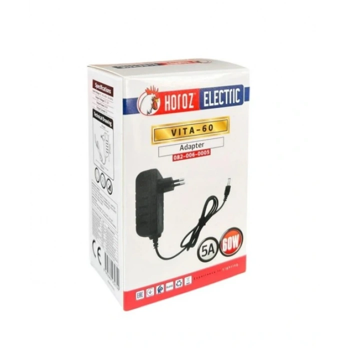 HOROZ VITA-60 12v 5A Fişli Adaptör Plastik Kasa 60w IP44 5.5x2.5mm Jaklı (12 Volt 5 Amper)