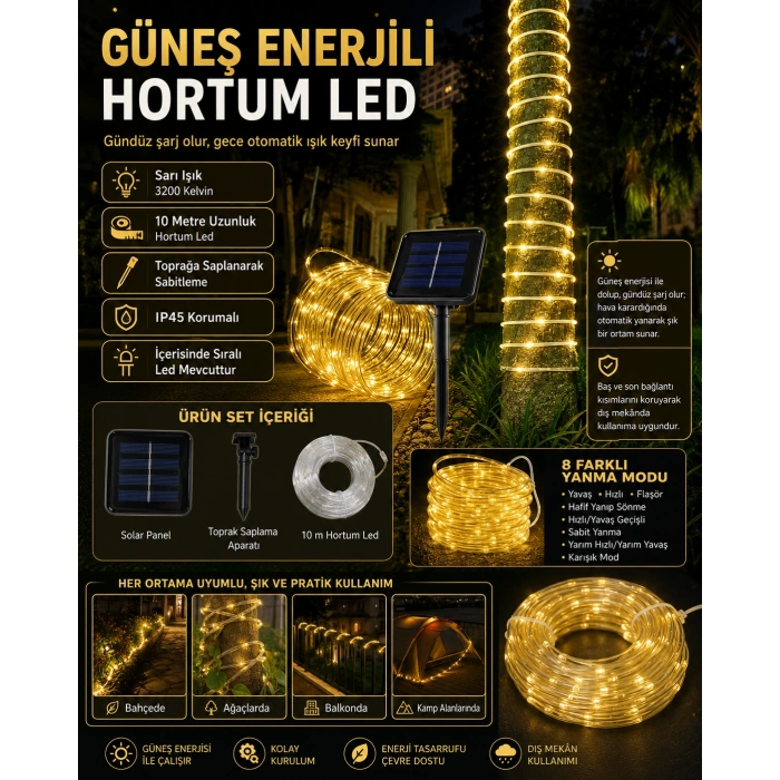 Hortum Led Solar Güneş Enerjili SARI Işık 3200k 10mt Dış Mekan 8 Modlu Süsleme Ledi IP45 ( Günışığı)