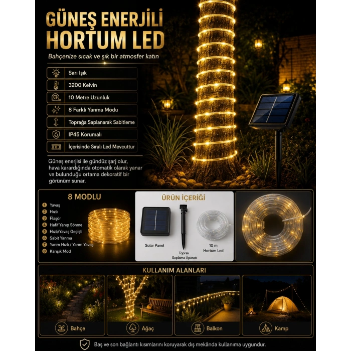 Hortum Led Solar Güneş Enerjili SARI Işık 3200k 10mt Dış Mekan 8 Modlu Süsleme Ledi IP45 ( Günışığı)