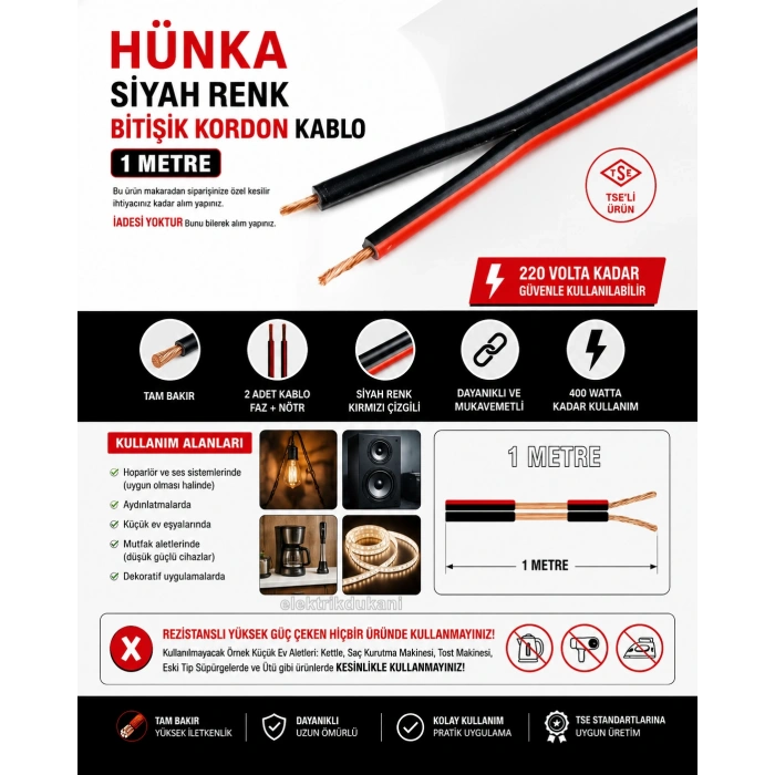 HÜNKA 0.75 SİYAH Bitişik Kordon Kablo Kırmızı Kodlu (500 mt lik Makara) 1mt Fiyatı