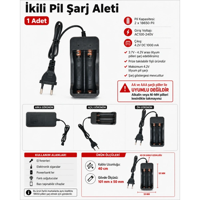 İkili 2li 2x18650 3.7V Li-On Pil Şarj Aleti Kablolu 220v Fişli Kablolu