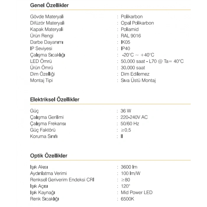 İNOLED 40W LED ETANJ ARMATÜR IP65 6500K 120CM