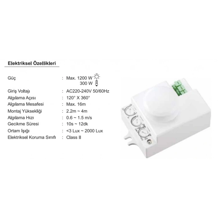 İNOLED Radar Hareket Sensörü 1200w (RF Sensör Tipi) Açı 360 Derece Işık Süre ve Mesafe Ayarlı Sensör