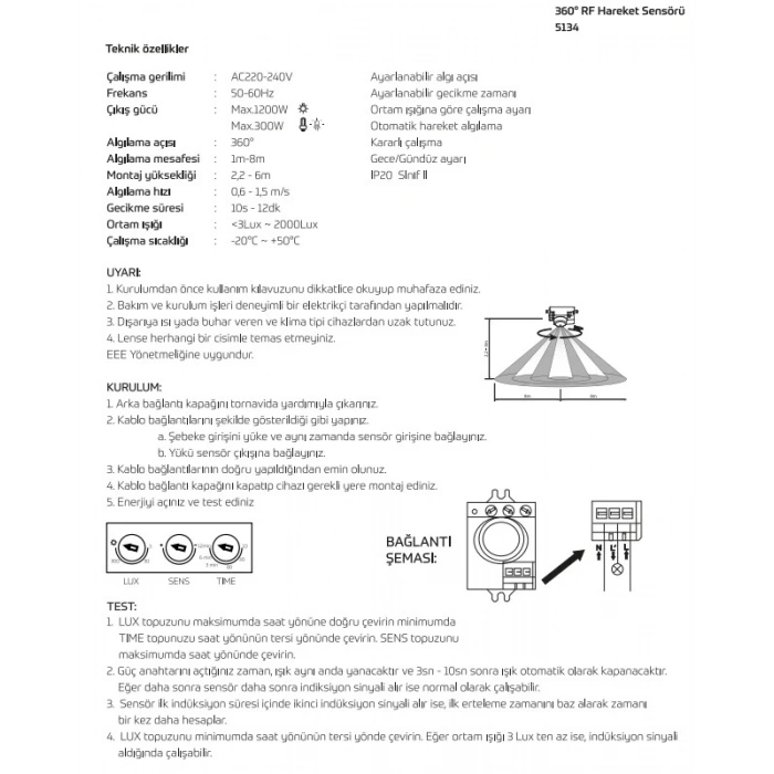İNOLED Sıva Üstü Hareket Sensörü 180 Derece Görüş Açılı 1200W 12 Mt Algılama Mesafesi
