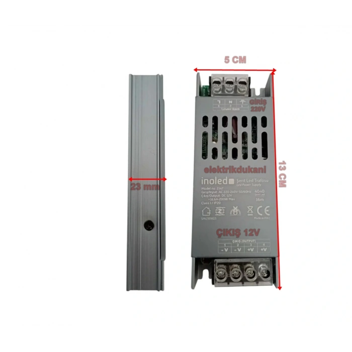 İNOLED Süper Slim 12v 16.6A Dc Şerit Led Trafosu 200w IP20 (12 Volt 16 Amper 16mt ye Kadar Kullanım İçin Uygundur)