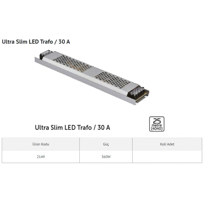 İNOLED Süper Slim 12v 30A Dc Şerit Led Trafosu 360w IP20 (12 Volt 30 Amper 30mt ye Kadar Kullanım İçin Uygundur)