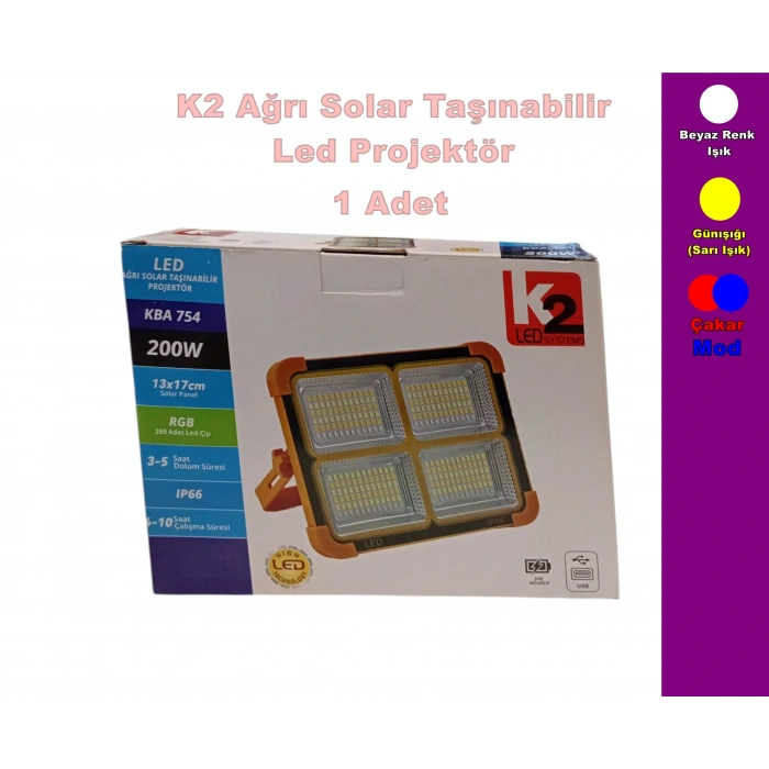 K2 200W Taşınabilir Solar Şarjlı Led Projektör 3000K-4000K-6400K Fonksiyonlu