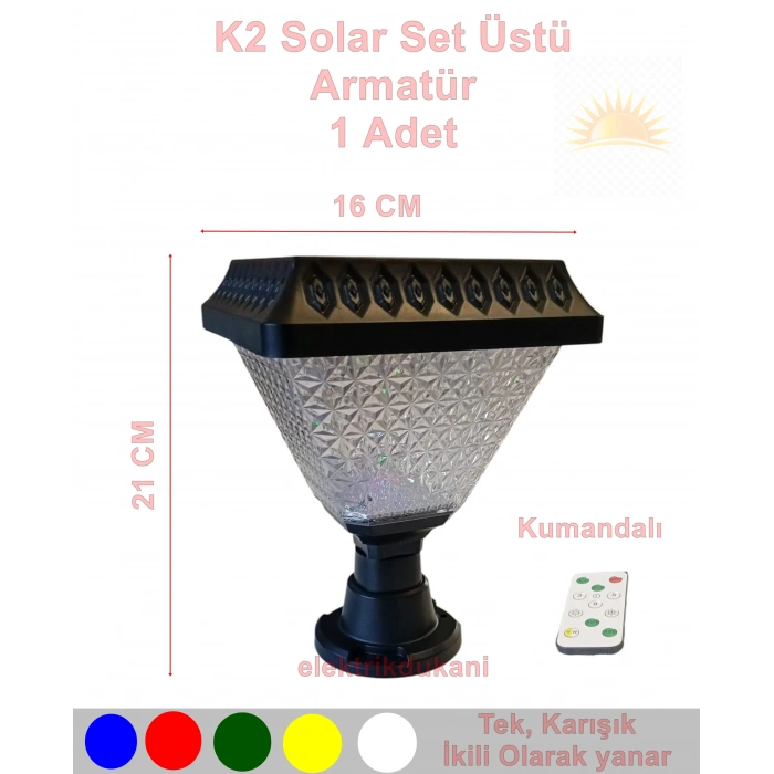 K2 30w  Solar Set Üstü Armatür Güneş Enerjili Şarjlı Beyaz Günışığı RGB Radar Sensörlü Kumandalı 6500k-3500k-RGB
