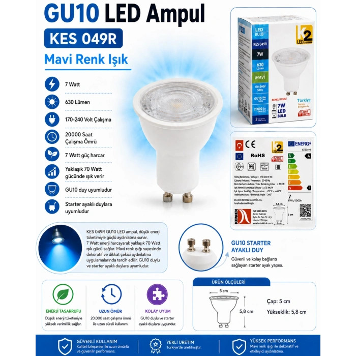 K2 7w MAVİ Gu10 Duylu Lensli Çanak Led Spot Ampul 630lm 7 Watt 220 Volt (Starter Duylu)