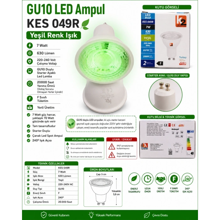 K2 7w YEŞİL Gu10 Duylu Lensli Çanak Led Spot Ampul 630lm 7 Watt 220 Volt (Starter Duylu)