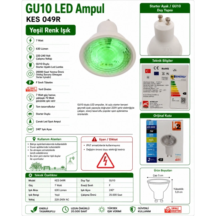 K2 7w YEŞİL Gu10 Duylu Lensli Çanak Led Spot Ampul 630lm 7 Watt 220 Volt (Starter Duylu)