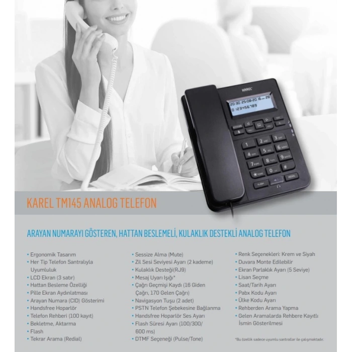 KAREL Masa Üstü Kablolu Ahizeli Hafızalı Ekranlı Telefon SİYAH (Arayan Numarayı Gösterme Özelliği)