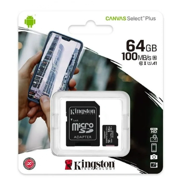 KİNGSTON 64GB Hafıza Kartı Micro SDHC Canvas Select Plus 100 Mb/S R A1 C10 Card+Adapter
