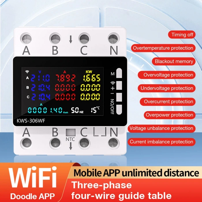 KOWSİ 3x63A Trifaze Voltaj ve Akım Koruma Rolesi Wifi Bağlantılı NTC li Şebeke Giriş Voltaj Denetleyici 380 Volt 63 Amper (3x63 3 Fazlı Isı Kontrollü Global Wifi Tuya Kontrollü)