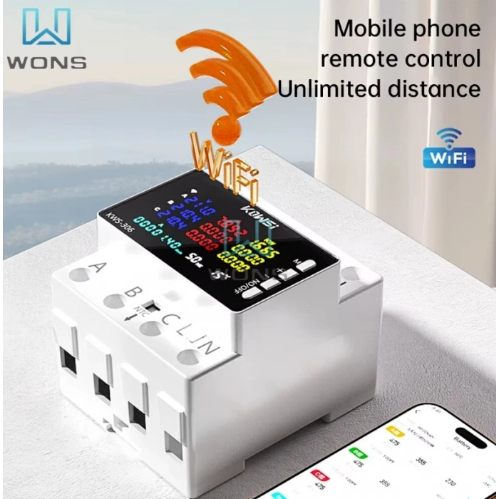 KOWSİ 3x63A Trifaze Voltaj ve Akım Koruma Rolesi Wifi Bağlantılı NTC li Şebeke Giriş Voltaj Denetleyici 380 Volt 63 Amper (3x63 3 Fazlı Isı Kontrollü Global Wifi Tuya Kontrollü)
