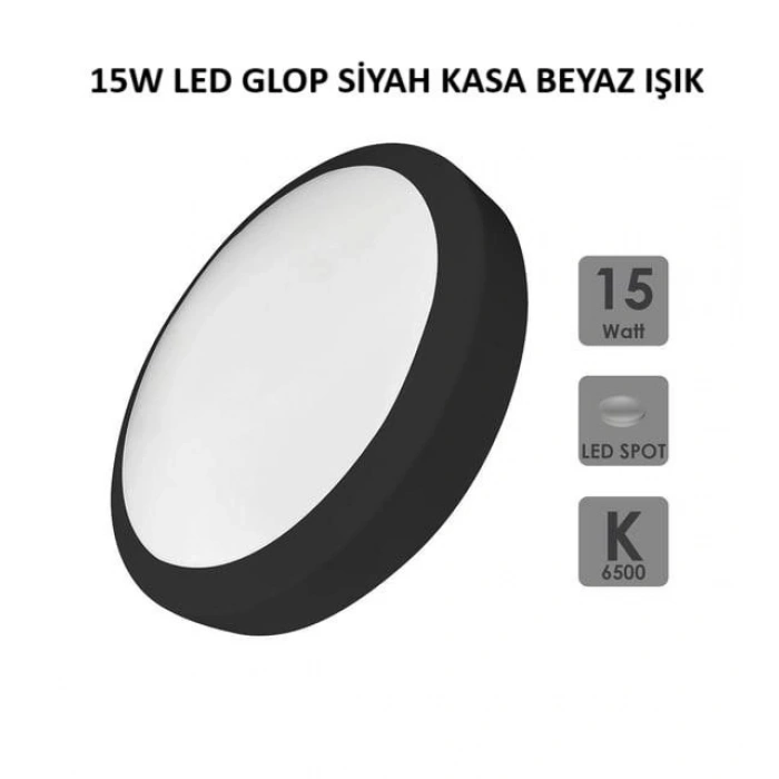 LED 18W Glop Armatür Beyaz Işık SİYAH Kasa 6500k Sıva Üstü IP20