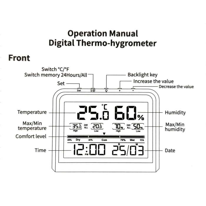 LİFE NET Dijital Isı ve Nem Ölçme Termometre Saat & Tarihli Renkli Ekran