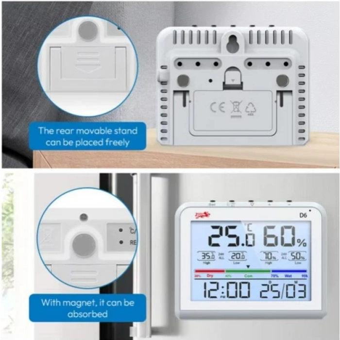 LİFE NET Dijital Isı ve Nem Ölçme Termometre Saat & Tarihli Renkli Ekran