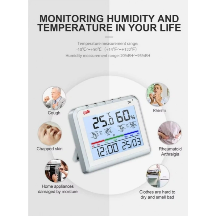 LİFE NET Dijital Isı ve Nem Ölçme Termometre Saat & Tarihli Renkli Ekran