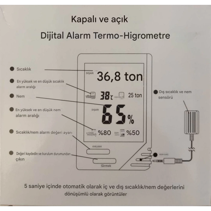LİFE NET İç ve Dış Ortam Dijital Isı ve Nem Ölçebilen Termometre (Termokulplu)